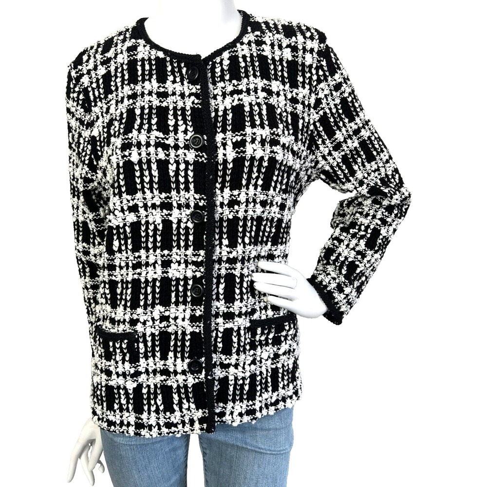 Vintage JM Collection Plaid Cardigan Jacket Black White Tweed Knit Women Size M